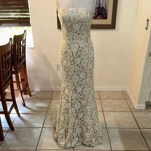 TONY BOWLS Evenings Cream/Bronze Lace Beaded Gown Size 8